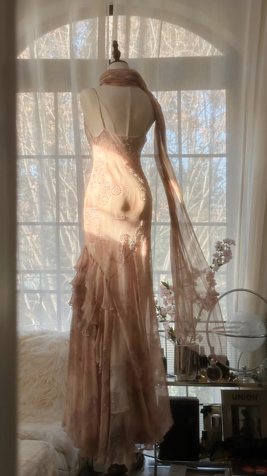 Vintage Champagne Sparkling Elegant Beaded Gorgeous Chiffon Evening Dress Prom Dress D1468