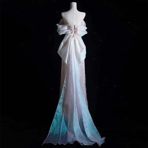 Robe de soirée longue rose clair à épaules dénudées et paillettes, coupe trapèze, MD7407
