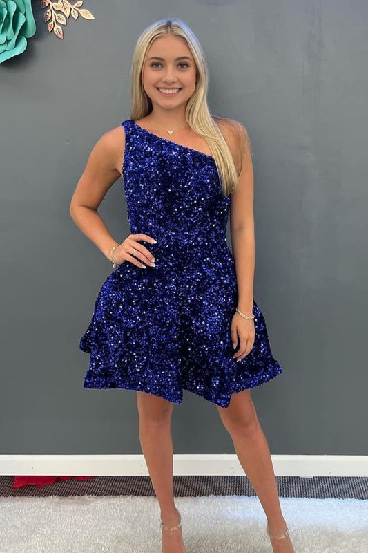 Pretty Homecoming Dress One Shoulder Sequins Back to School Outfits Party Dress D7004