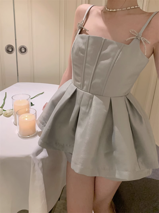 Robe de soirée trapèze en satin gris à bretelles spaghetti, jolie robe tendance, D1396