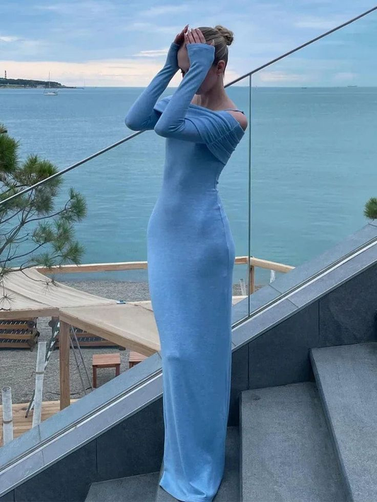 Blaues schulterfreies Etuikleid mit langen Ärmeln, Partykleid, Abendkleid, D273