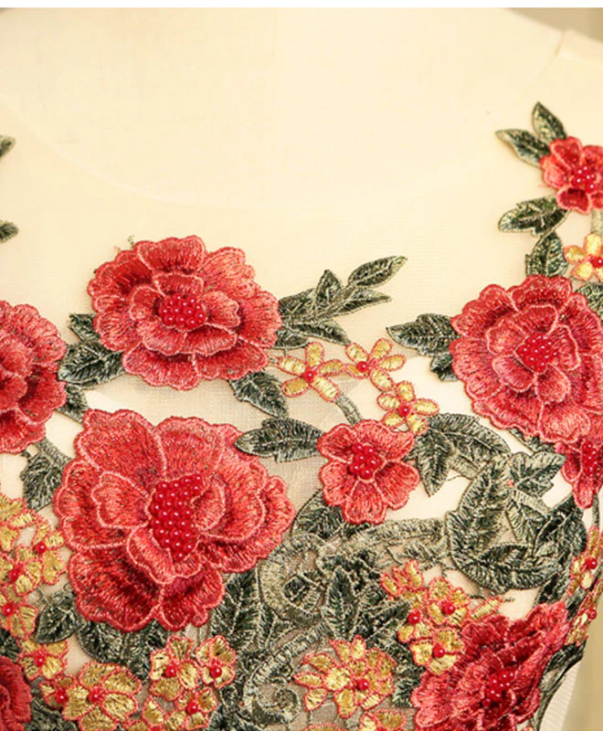 Vintage Red Floral Embroidery Design A-line Lace-up Satin Party Dress Homecoming Dress D1548