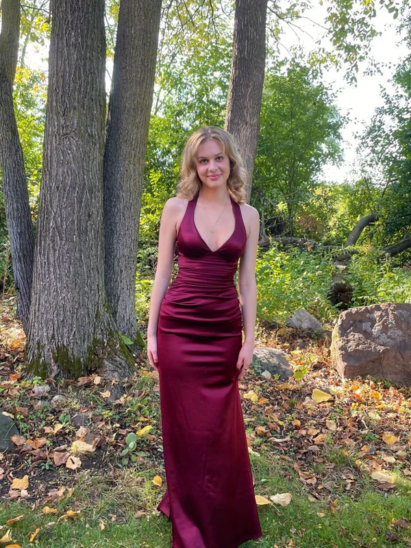 Dark Green V Neck Halter Mermaid Satin Long Prom Dress MD7340