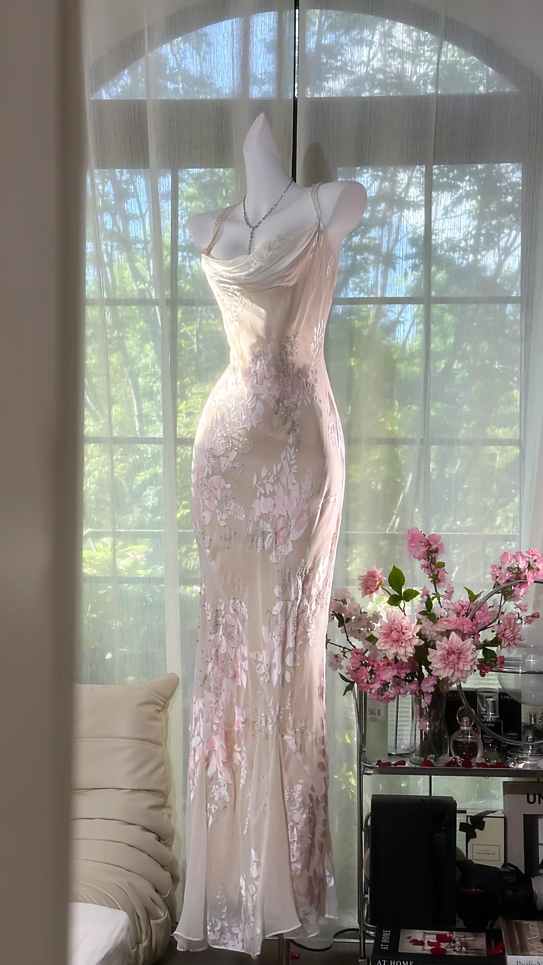 Elegant Light Pink Floral Applique Romantic Chiffon Evening Dress Prom Dresses D1610