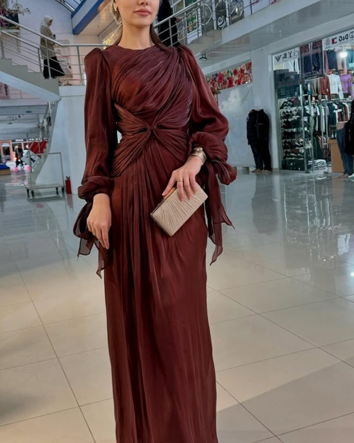 Robe fourreau élégante en mousseline de soie, manches longues, style modeste, longue, formelle, D783