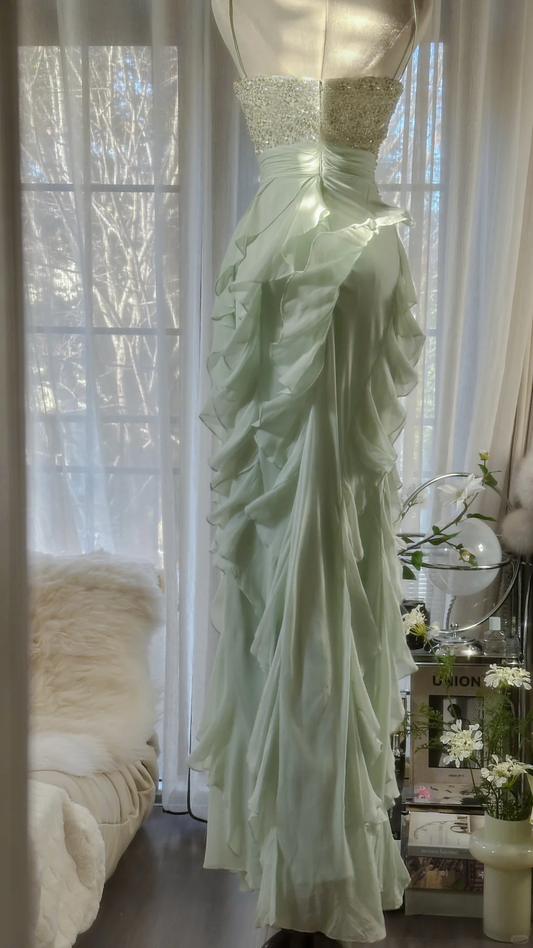 Vintage Light Green Shiny Spaghetti Strap Design Romantic Chiffon Evening Dress Prom Dress D1510