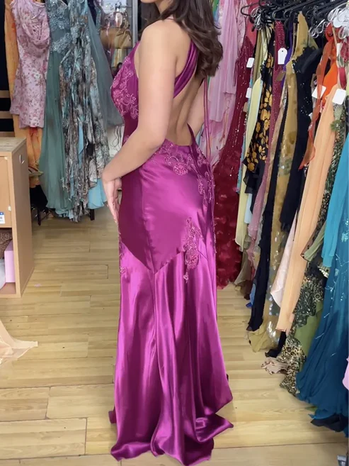 Fuchsia V Neck Sheath Vintage Long Evening Party Dress MD7471