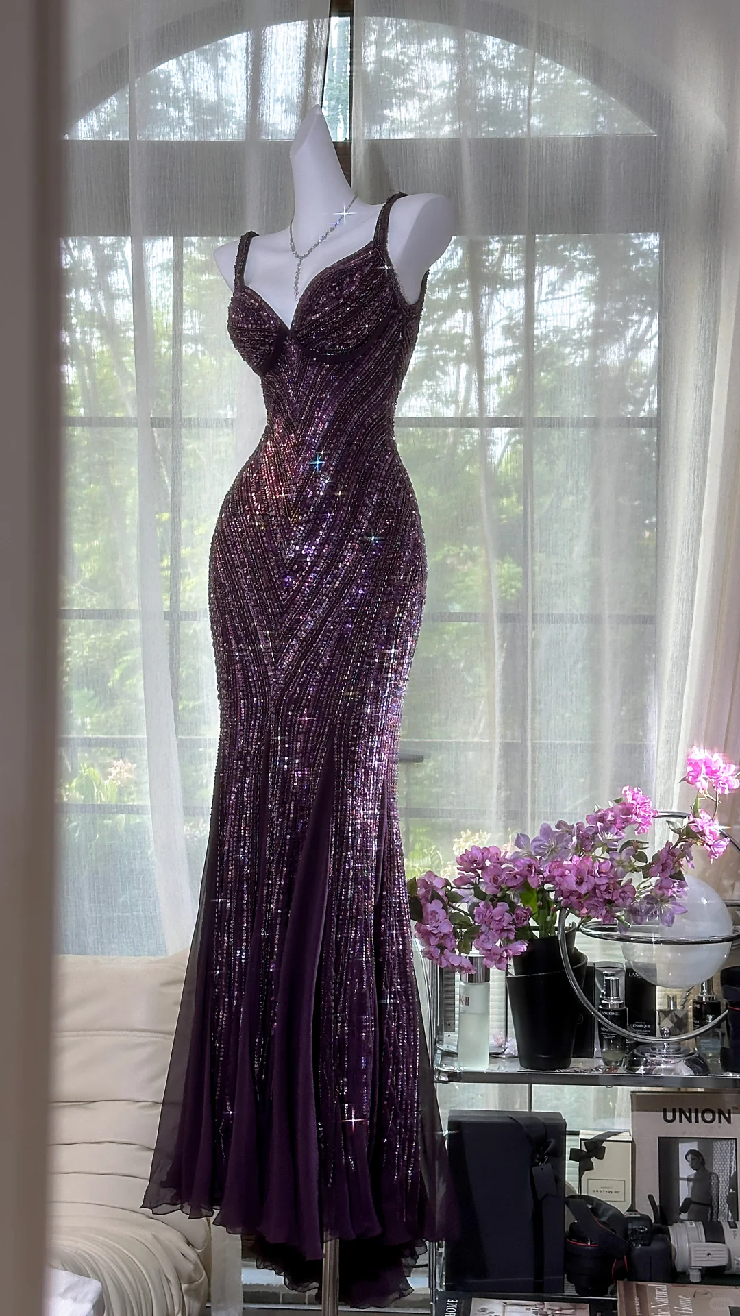 Gorgeous Purple Beaded Sequin V-neck Mermaid Elegant Chiffon Evening Dress Prom Dresses D1613