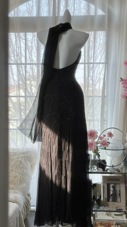 Retro Black V-neck Applique Design Romantic Chiffon Evening Dress Prom Dress D1509