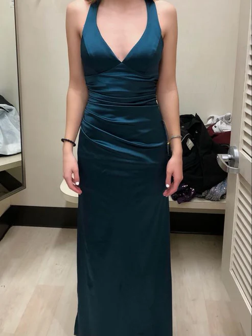 Dark Green V Neck Halter Mermaid Satin Long Prom Dress MD7340