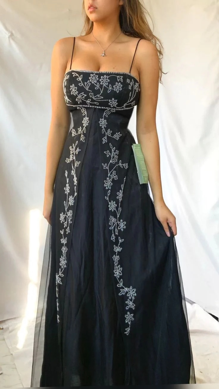 Black Spaghetti Straps A-Line Beading Vintage Long Evening Party Dress, D777
