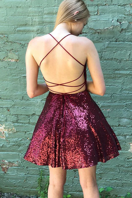 Shiny Homecoming Dress Spaghetti Strap Sequins Backless Back to School Outfits Party Dress D7519