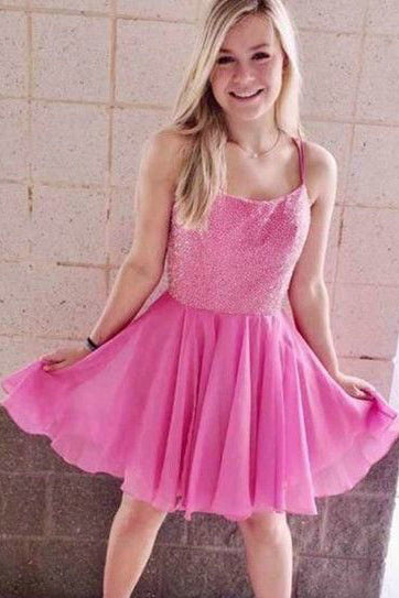 Charming Homecoming Dress Spaghetti Strap Pleated Back to School Outfits Party Dress D7487