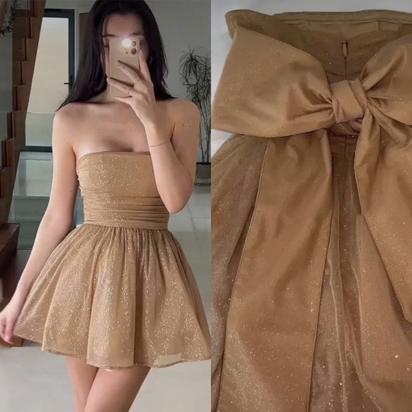 Chic Homecoming Dress Strapless Bowknot Sequins Back to School Outfits Party Dress Birthday Outfits D7428