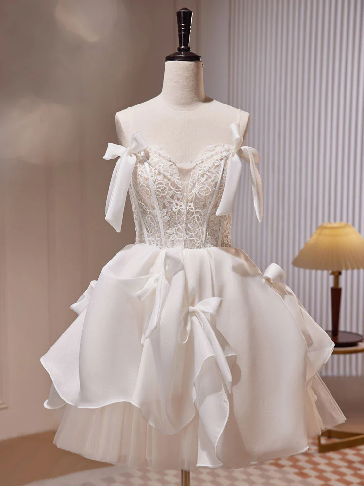 Charming Homecoming Dress V Neck Lace Bowknot Tulle Applique Bead Back to School Outfits Party Dress D7514