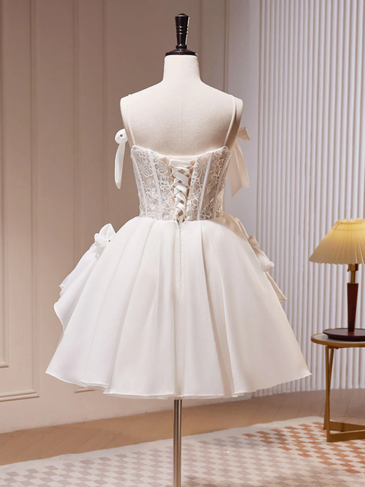 Charming Homecoming Dress V Neck Lace Bowknot Tulle Applique Bead Back to School Outfits Party Dress D7514