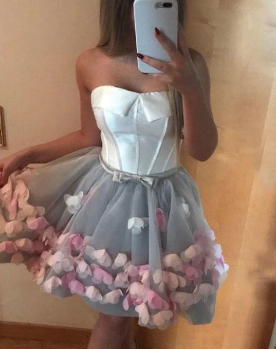 New Homecoming Dress Strapless Flower Bowknot Back to School Outfits Party Dress D7554