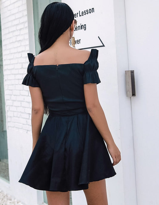 New Homecoming Dress Off the Shoulder Black V Neck Pleated Back to School Outfits Party Dress D7529