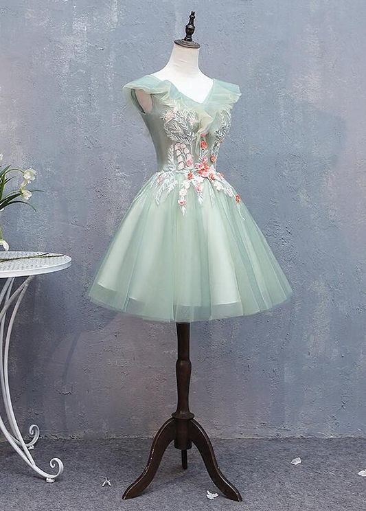 Unique Homecoming Dress V Neck Lace Flower Tulle Back to School Outfits Party Dress D7698