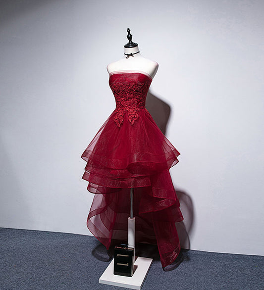 Unique Homecoming Dress Strapless Tulle Cascade Hi-Lo Applique Back to School Outfits Party Dress D7682