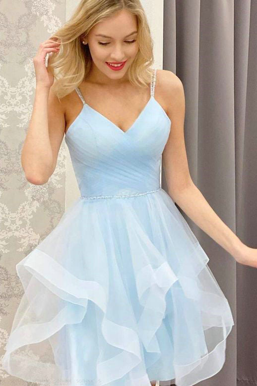 Nice Homecoming Dress V Neck Spaghetti Strap Tulle Cascade Pleated Back to School Outfits Party Dress D7451