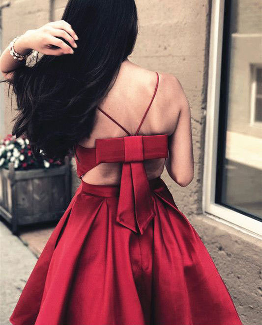 Unique Homecoming Dress Spaghetti Strap Bowknot Pleated Back to School Outfits Party Dress D7686