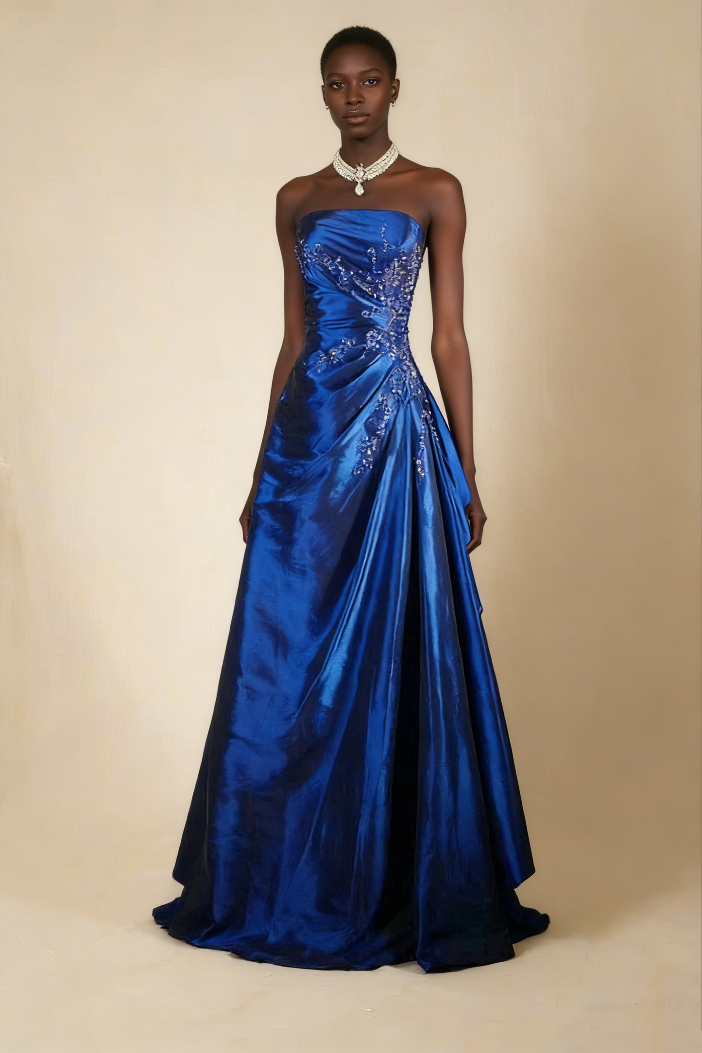 Royal blue satin A line prom dress main