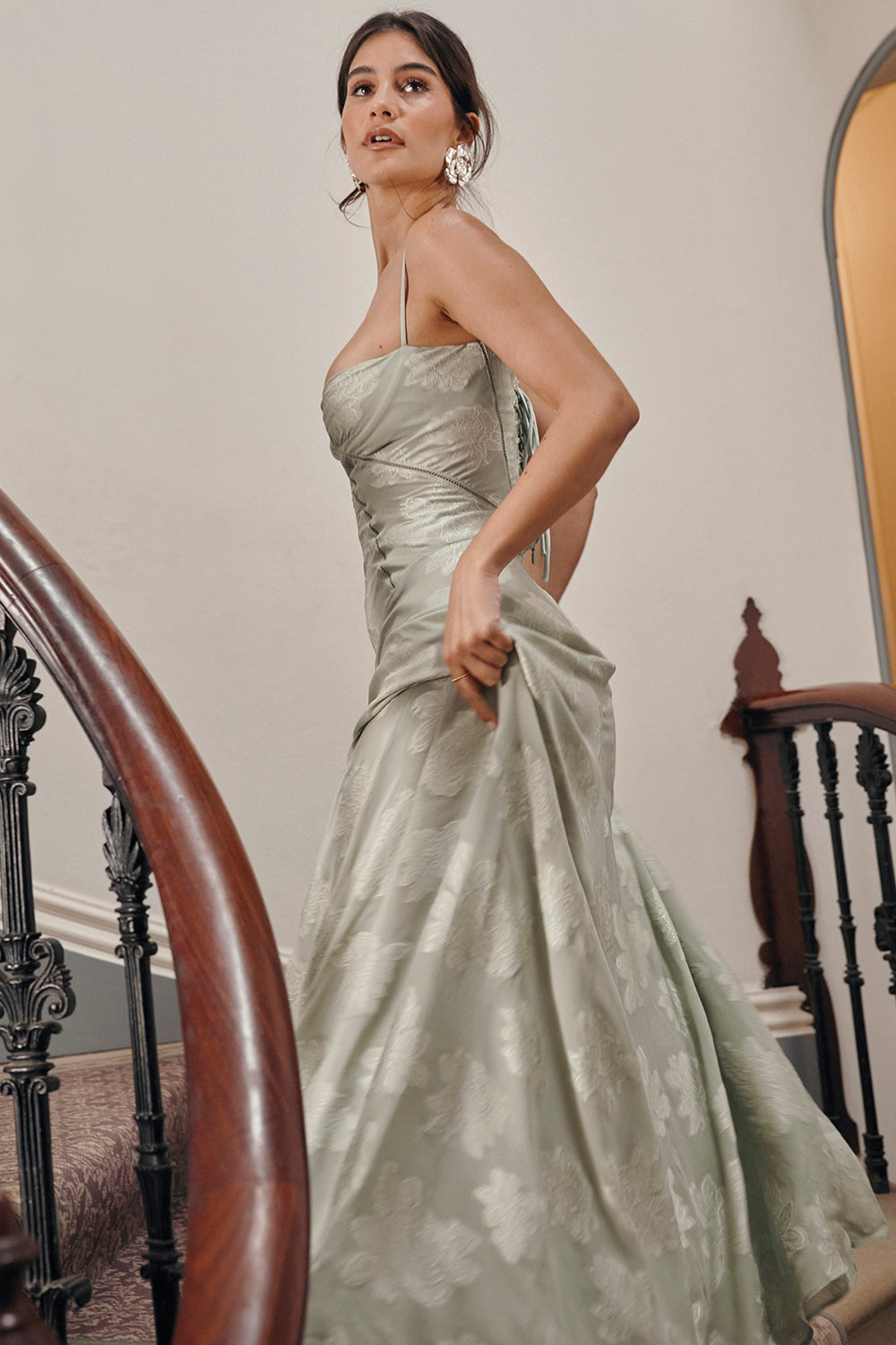 Vintage Floral Jacquard Spaghetti Strap Design Prom Dress Evening Dress D1699