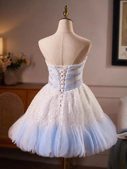 Unique Homecoming Dress Strapless Sequins Bead Tulle Back to School Outfits Party Dress D7745