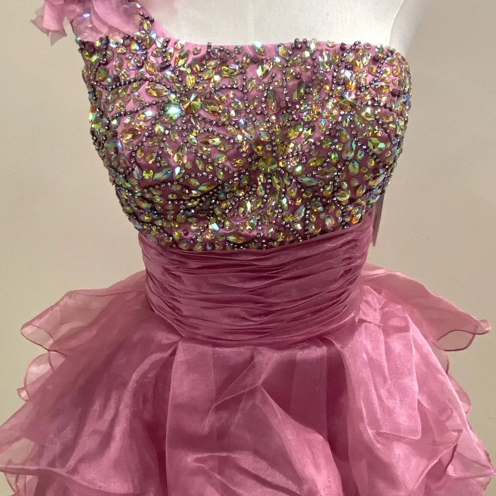 Stunning Homecoming Dress One Shoulder Beaded Sequins Tulle Rinestone Cascade Flower Back to School Outfits Party Dress D7938
