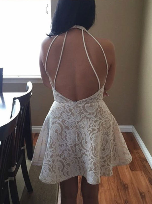Nice Homecoming Dress Halter Lace Backless Pleated Back to School Outfits Party Dress D7448