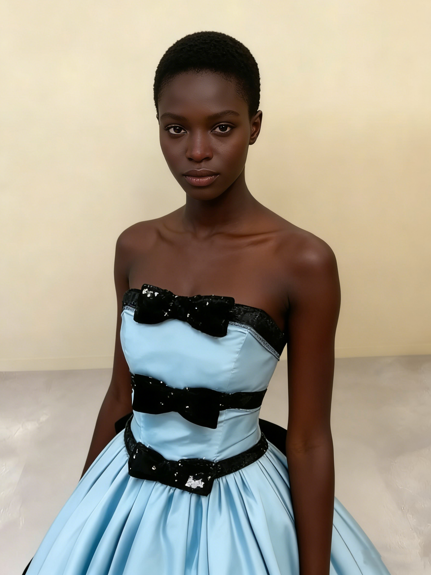 Light blue satin ball gown model wearing detail