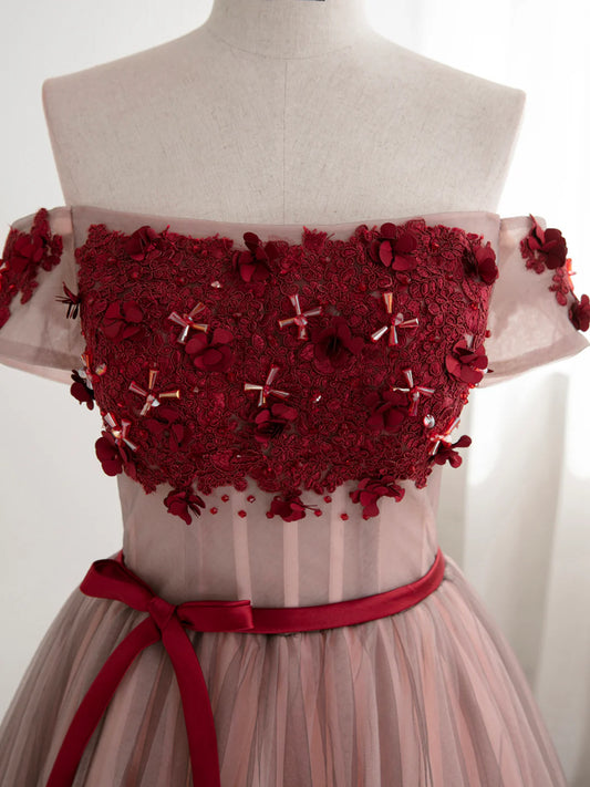 New Homecoming Dress Off the Shoulder Tulle Applique Bowknot Prom Dress Back to School Outfits Party Dress D6113