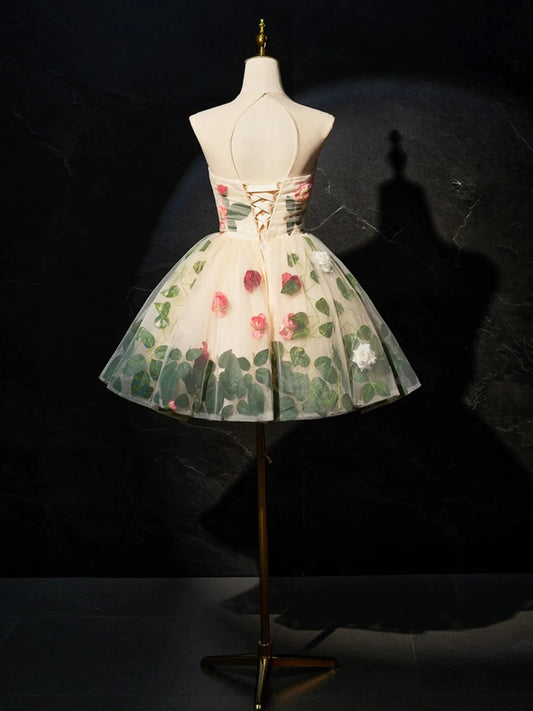 Chic Homecoming Dress Sweetheart Lace Flower Short Prom Dress Back to School Outfits Party Dress D6088