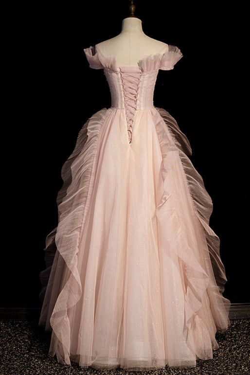Robe de soirée longue rose en tulle, épaules dénudées, coupe trapèze, MD7794