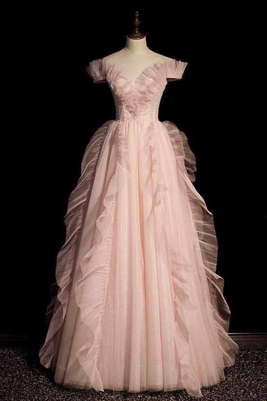 Robe de soirée longue rose en tulle, épaules dénudées, coupe trapèze, MD7794