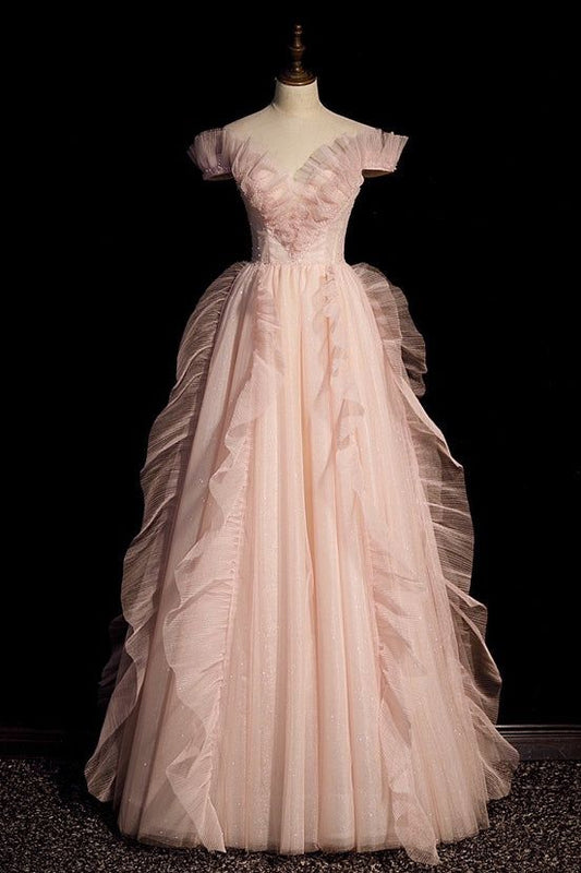 Robe de soirée longue rose en tulle, épaules dénudées, coupe trapèze, MD7794