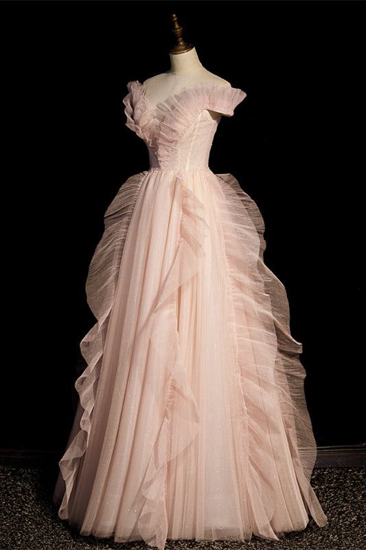 Robe de soirée longue rose en tulle, épaules dénudées, coupe trapèze, MD7794