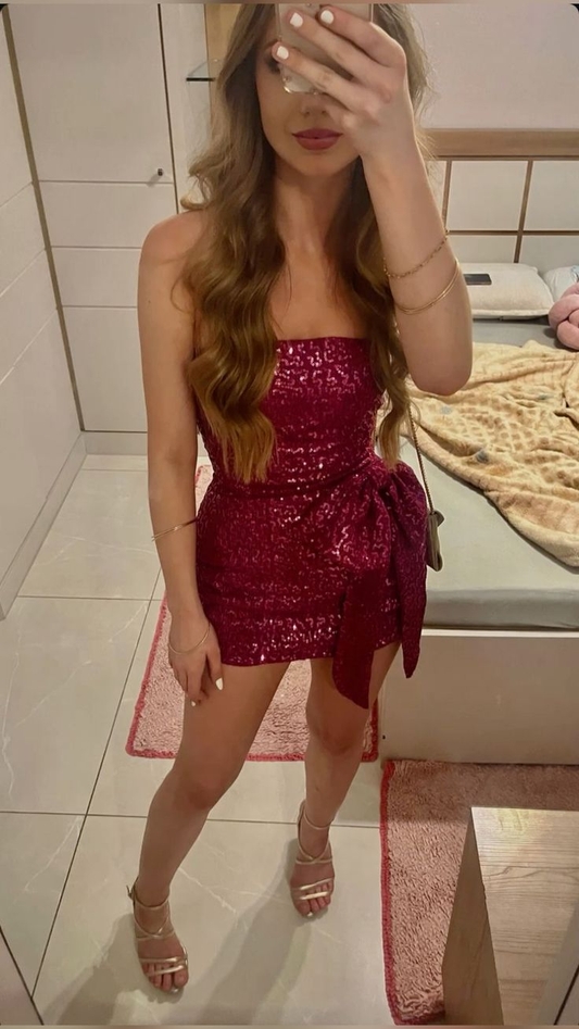 Robe de soirée courte fuchsia sans bretelles, fourreau, robe de bal MD7806