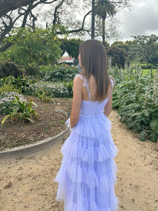 Robe de bal longue en tulle lilas à bretelles et volants, MD7981