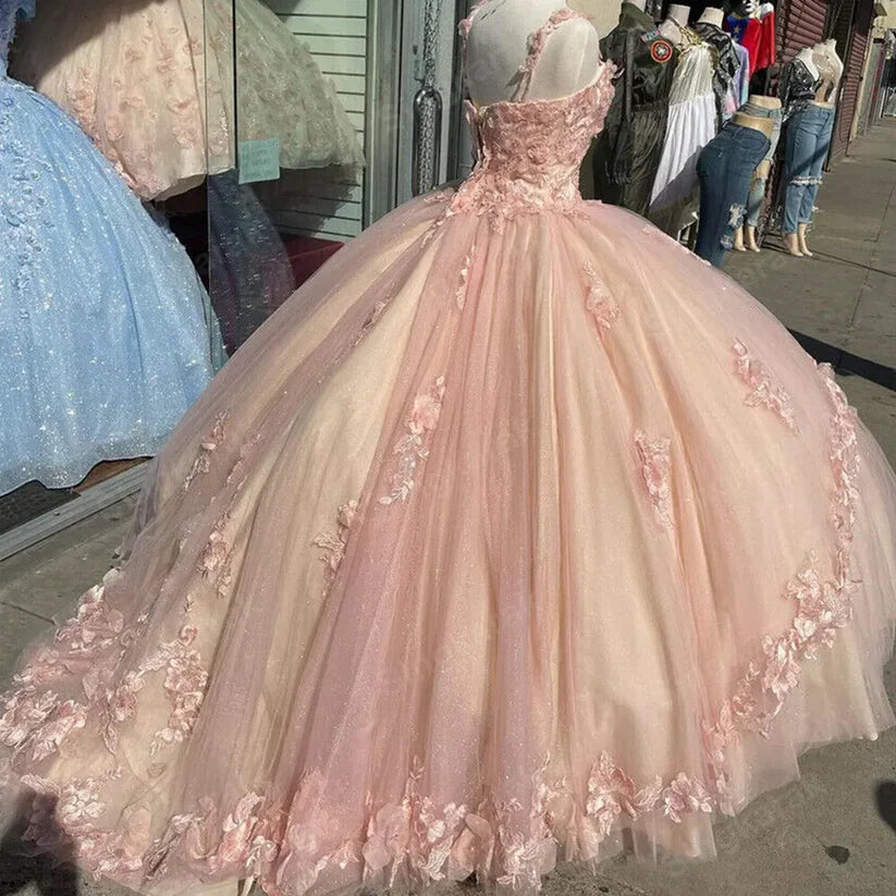 Retro Pink Sweetheart Appliqued 3D Flower A-Line Tulle 18 Birthday Quinceanera Dresses Evening Ball Gowns D1603
