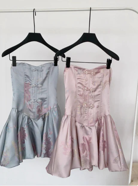 Sweet Homecoming Dress Strapless Beaded Button Back to School Outfits Party Dress D7527