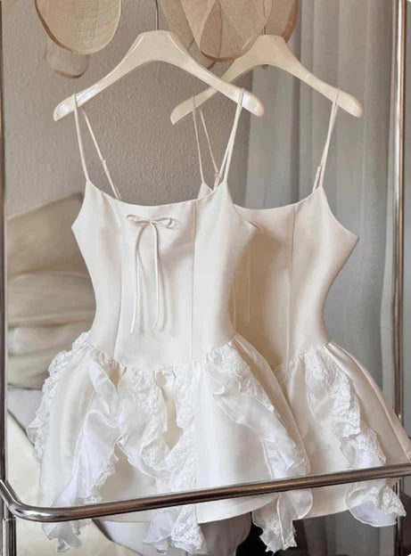 New Homecoming Dress Spaghetti Strap Lace Bowknot Cascade Back to School Outfits Party Dress D7609