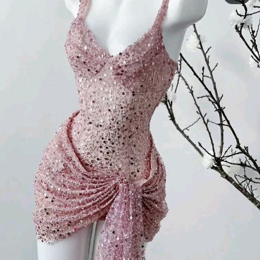 New Homecoming Dress V Neck Sequins Soutache Pleated Back to School Outfits Party Dress D7559