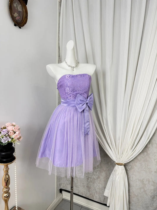 New Homecoming Dress Strapless Bowknot Tulle Back to School Outfits Party Dress D6909