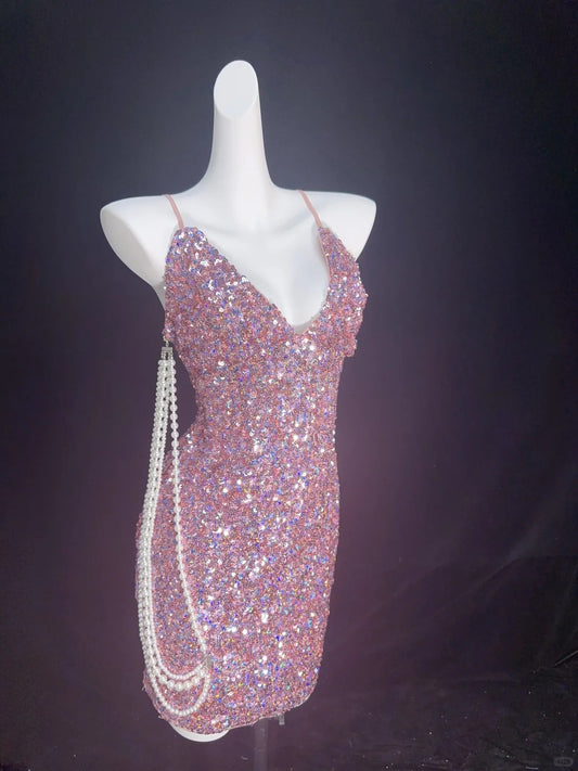 New Homecoming Dress V Neck Sequins Pearl Back to School Outfits Party Dress D6895
