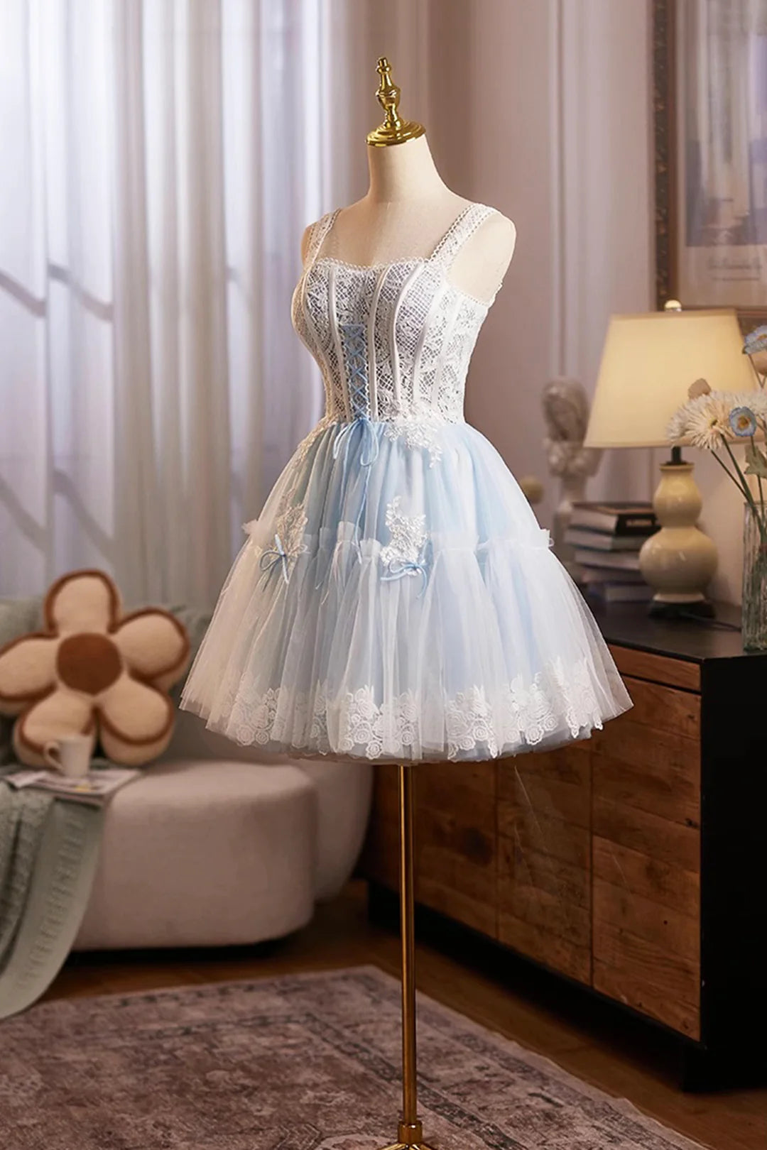 Lovely Homecoming Dress Square Tulle Lace Short Prom Dress Cocktail Outfits Birthday Party Dress D6023