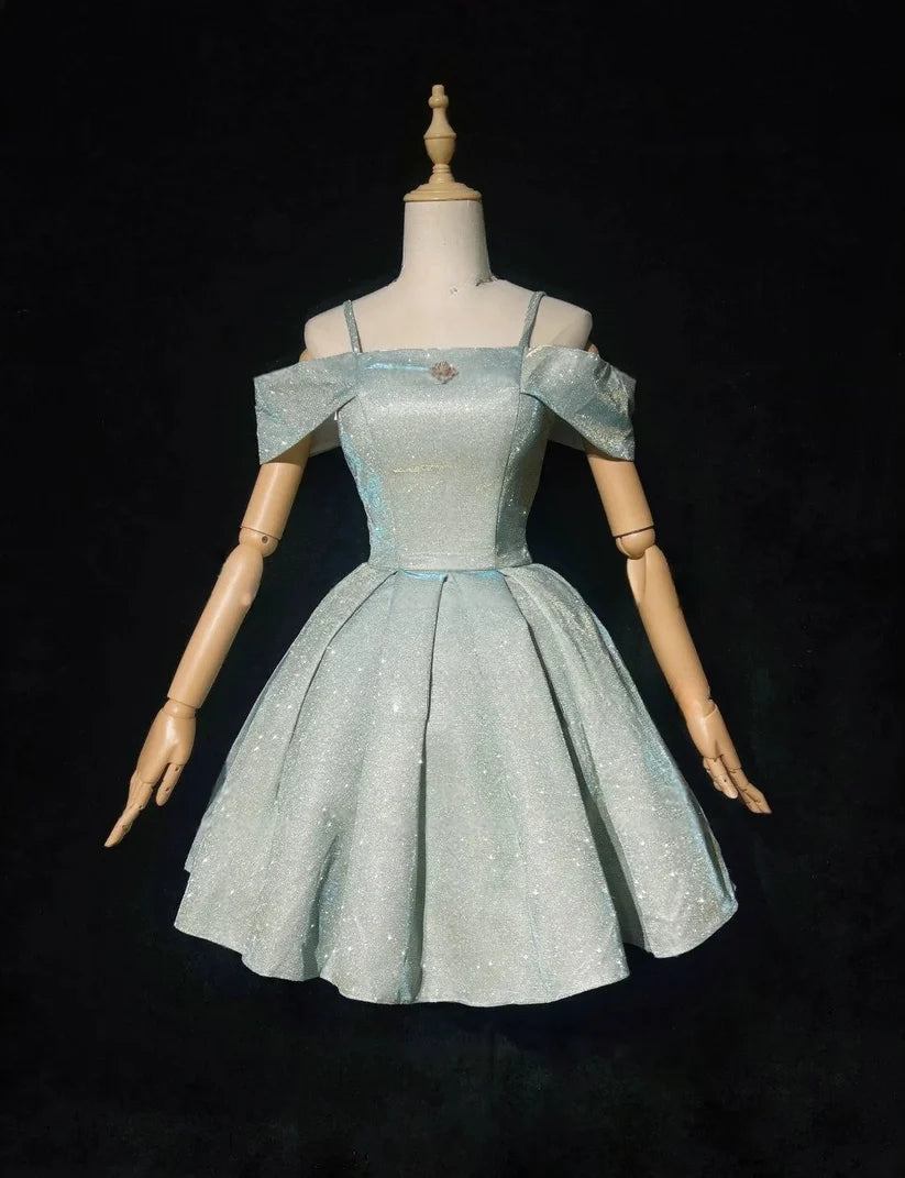 Sparkling Light Blue Sequin Spaghetti Strap Design A-line Satin Party Dress Homecoming Dress D1576