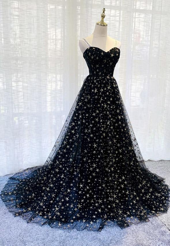 Black tulle long prom dress black evening dress M668