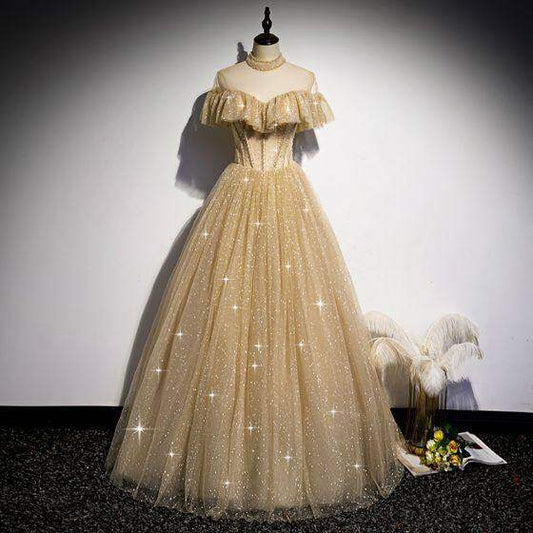 Robe de bal princesse transparente à col haut couleur champagne M988